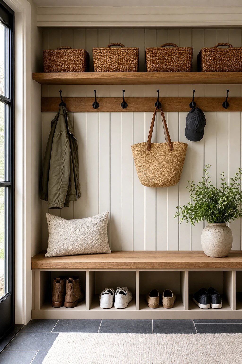 A built in look with hooks and shelf