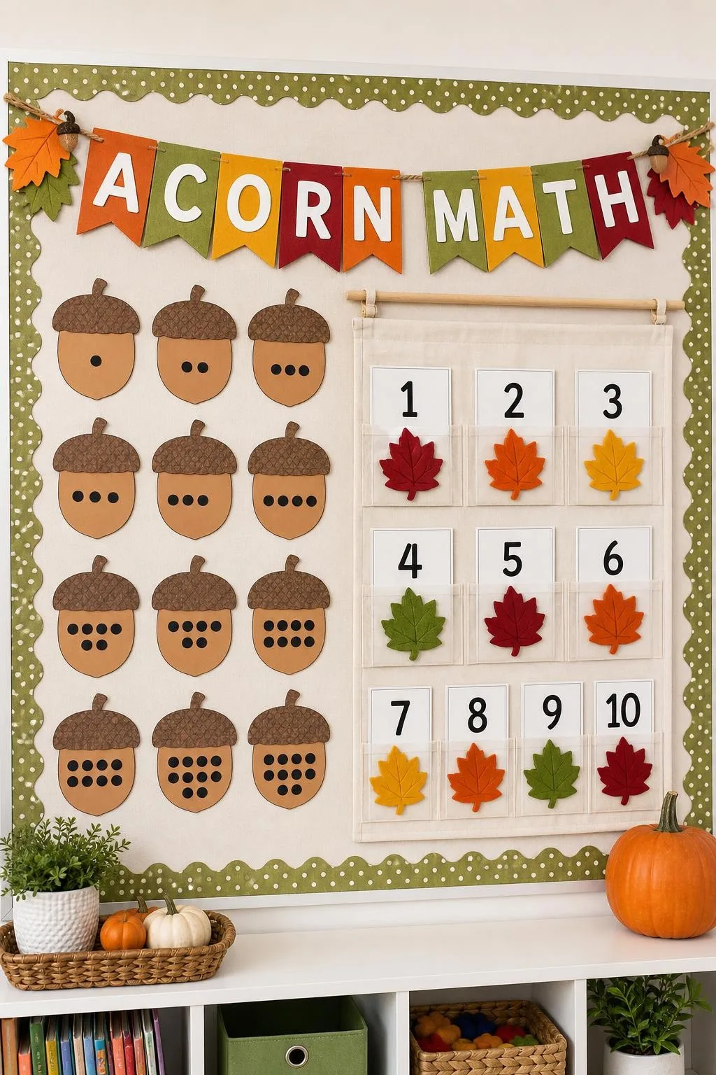 Acorn Arithmetic Garden: fall bulletin board idea for preschool and kindergarten