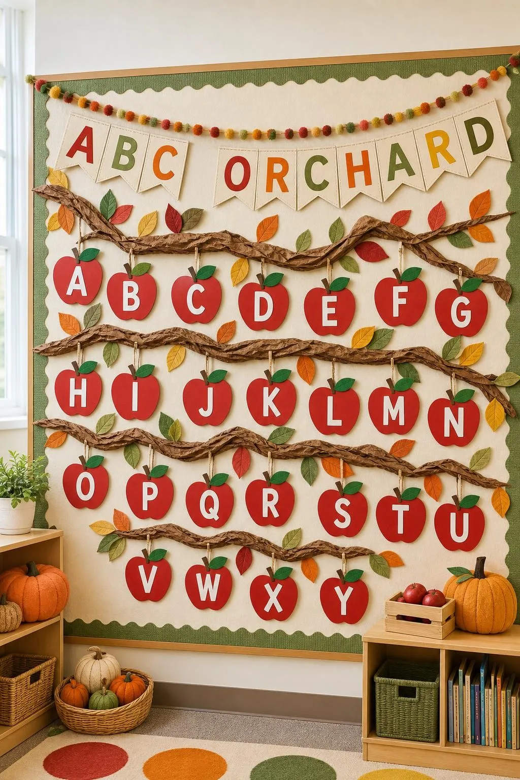 Apple Orchard Alphabet Wall: fall bulletin board idea for preschool and kindergarten