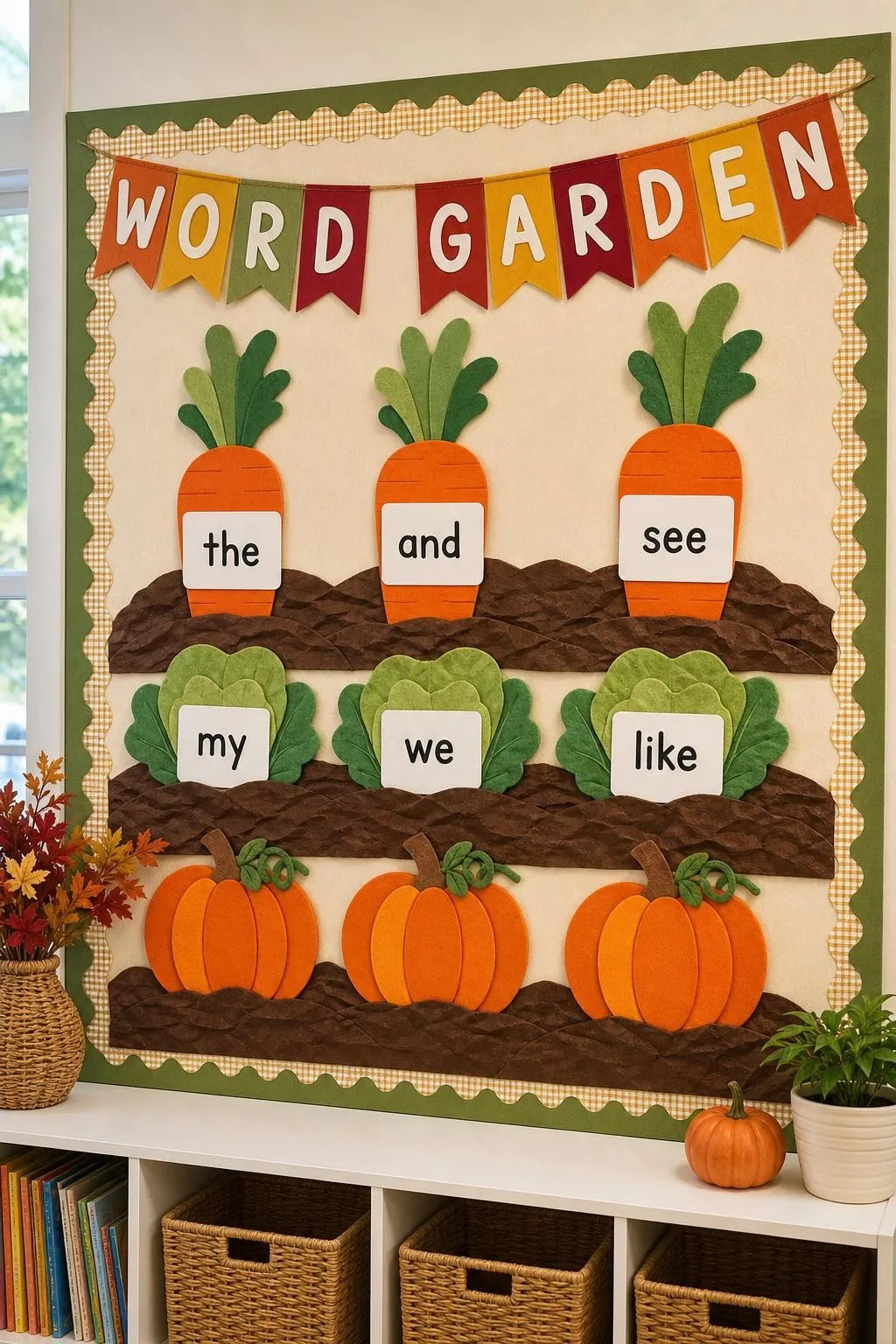 Harvest Habitat Word Garden: fall bulletin board idea for preschool and kindergarten