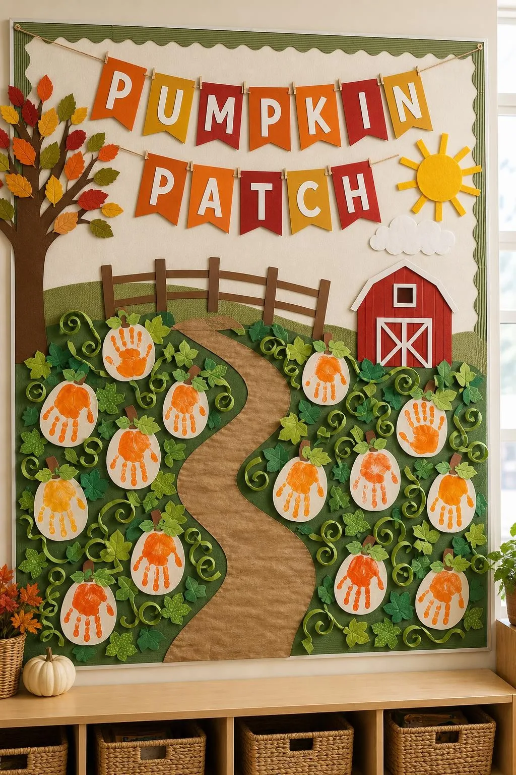 Pumpkin Patch Pathways: fall bulletin board idea for preschool and kindergarten