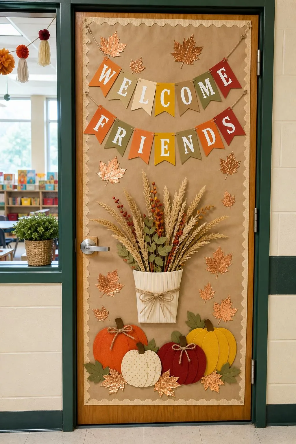 Brushed Copper Welcome With Natural Textures: fall classroom door decoration