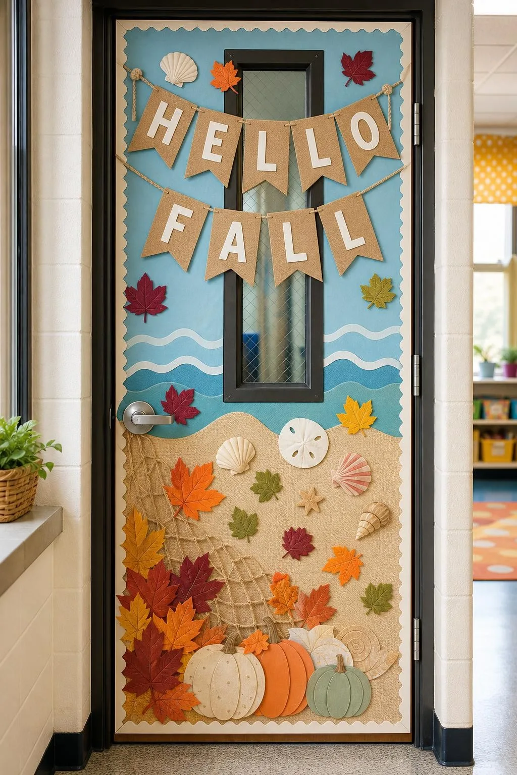 Coastal Fall Door With Sea-Tinted Neutrals: fall classroom door decoration