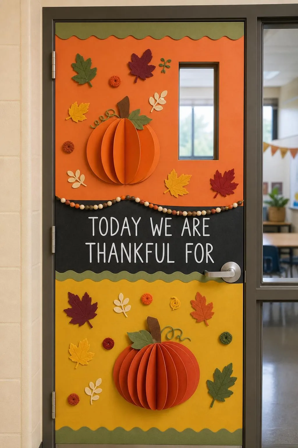 Color-Block Door With Chalkboard Strip: fall classroom door decoration