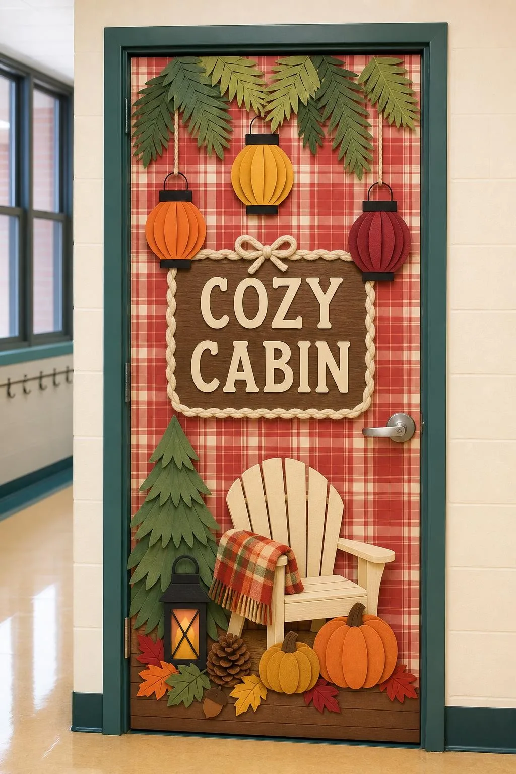Cozy Cabin Fall Door With Plaid and Pine: fall classroom door decoration
