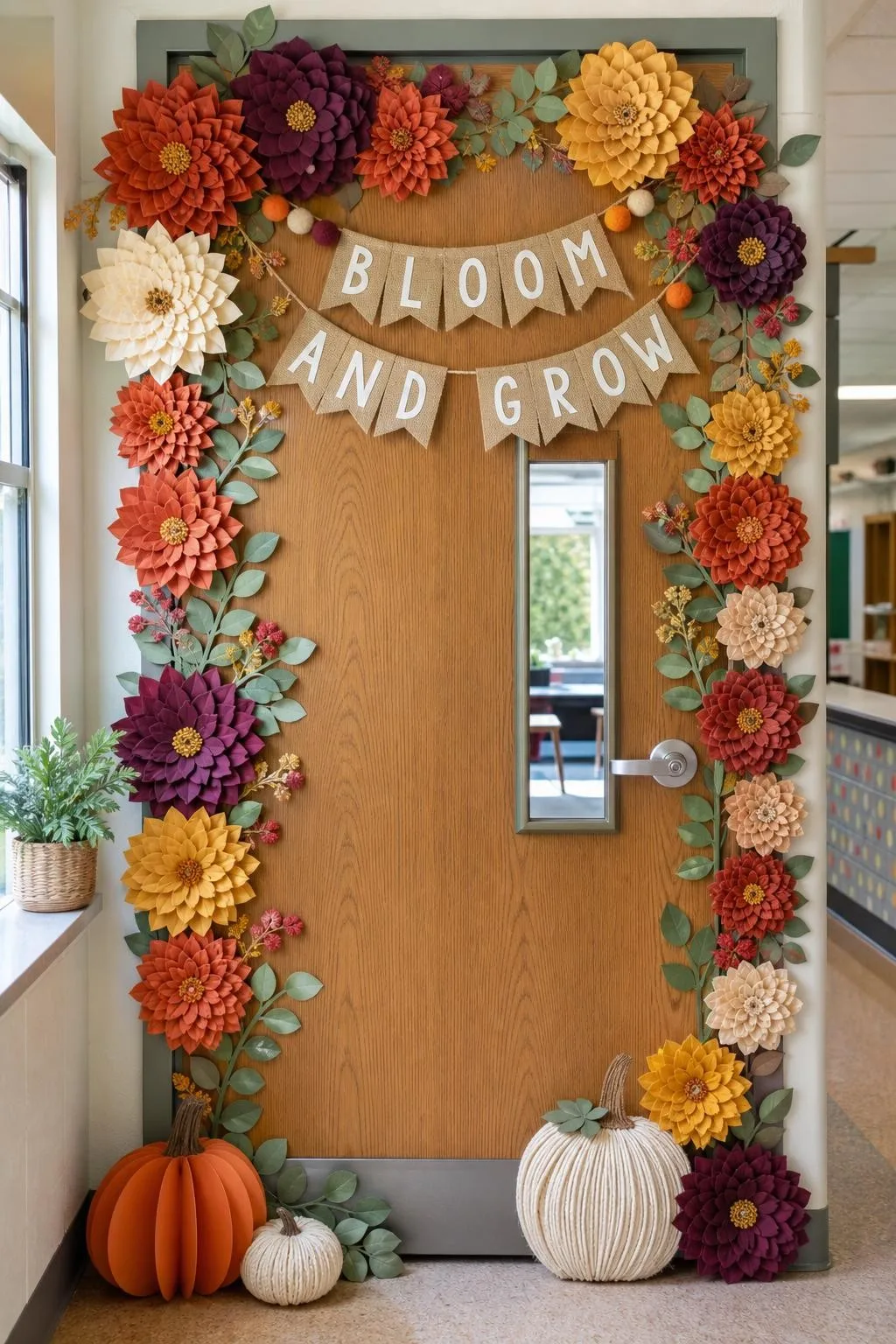 Fall Floral Door With Chrysanthemums: fall classroom door decoration
