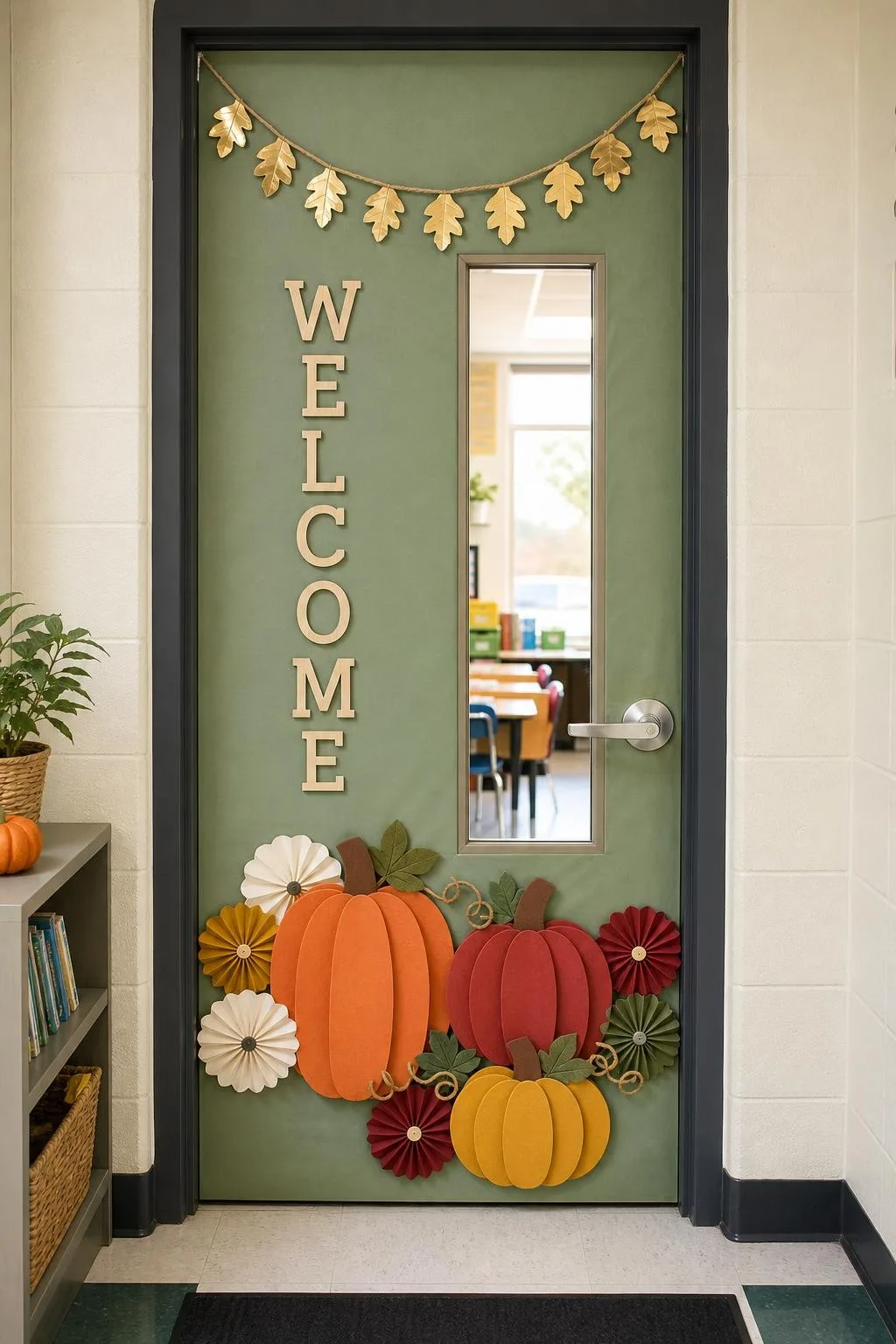 Minimalist Gold and Sage Door: fall classroom door decoration