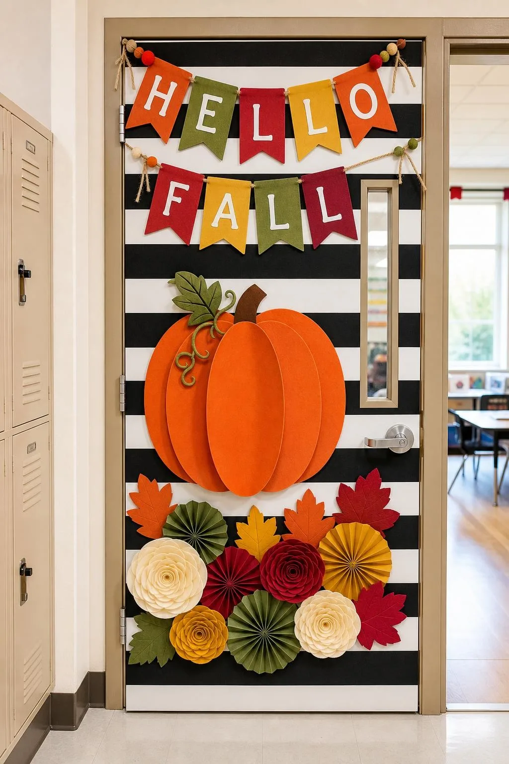 Modern Monochrome Door With a Warm Accent: fall classroom door decoration
