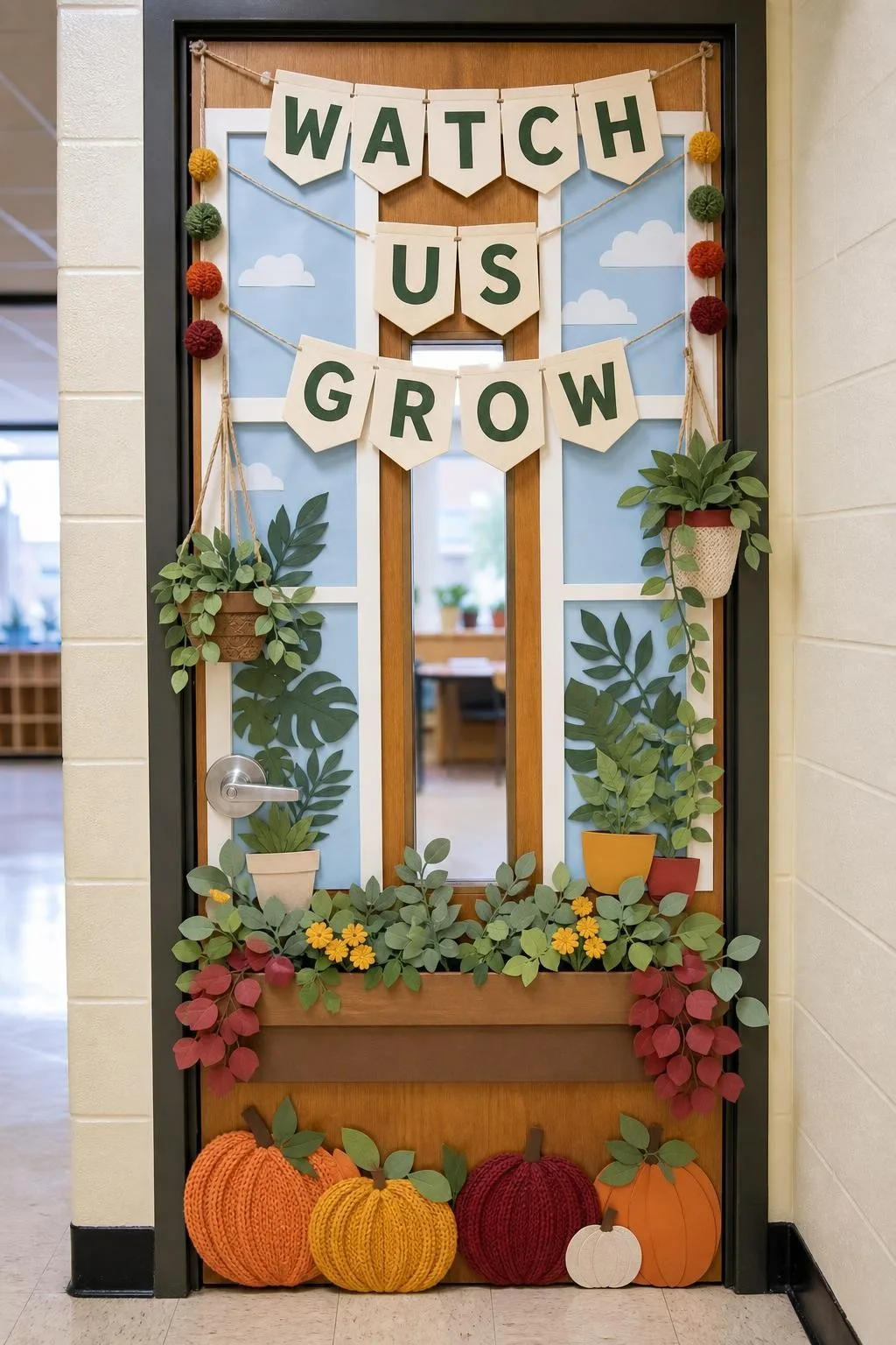 Nature-Inspired Greenhouse Door With Faux Foliage: fall classroom door decoration