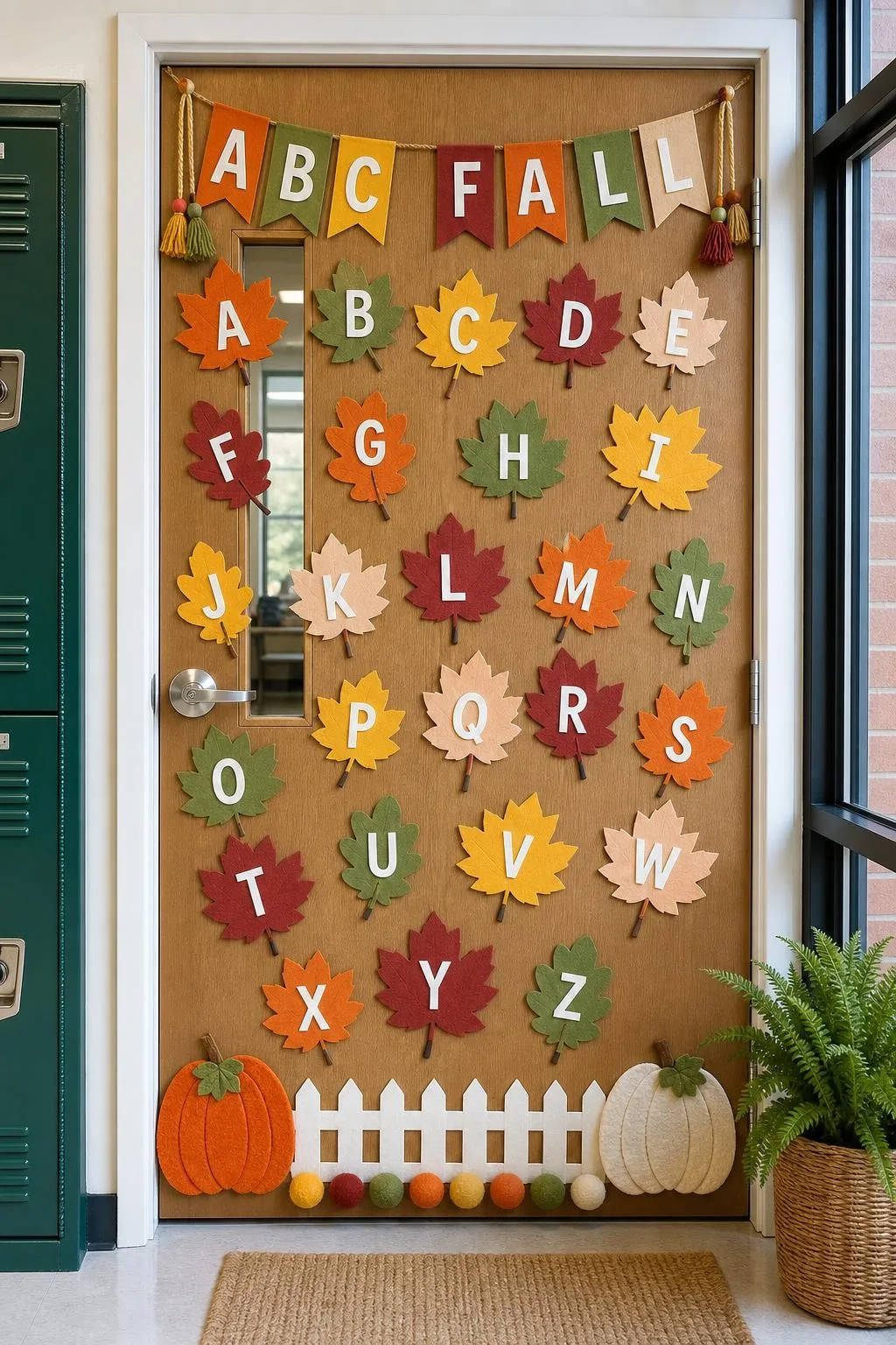 Playful Alphabet Door With Fall Accents: fall classroom door decoration