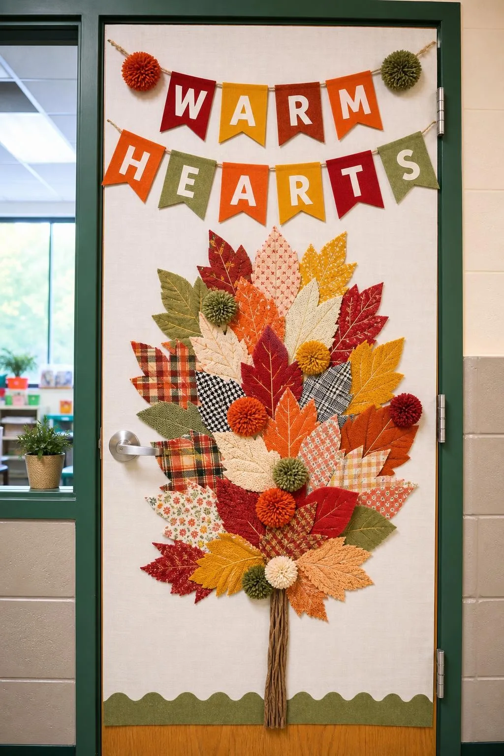 Pom-Pom Fall Door With Textile Richness: fall classroom door decoration