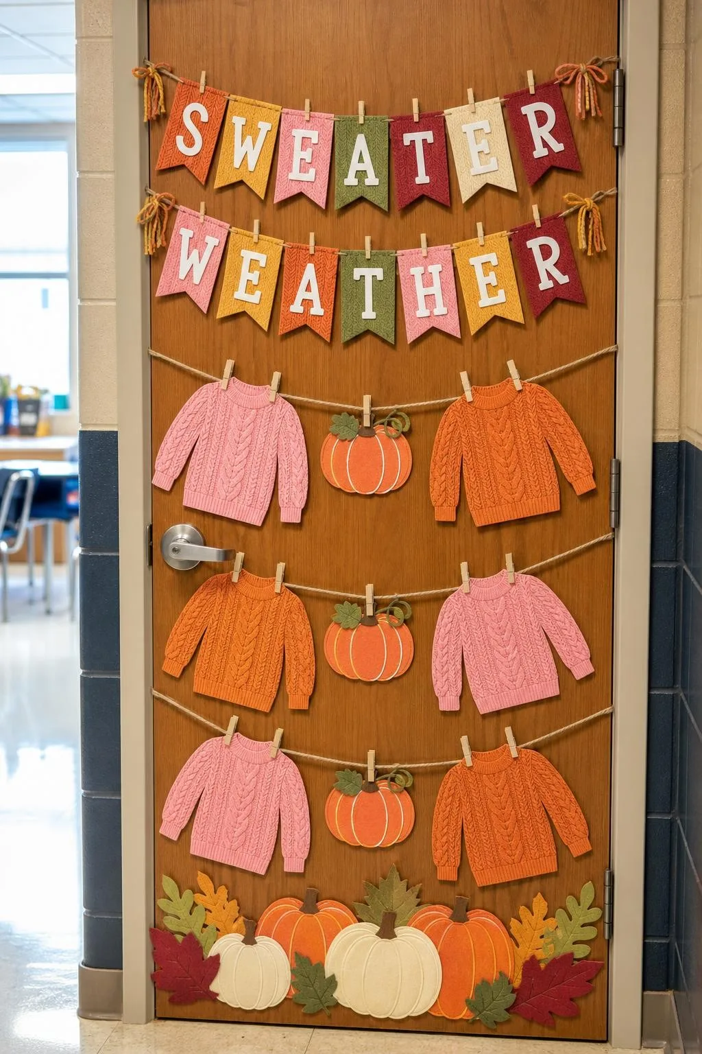 Pop of Pink Fall Door With Cozy Knits: fall classroom door decoration