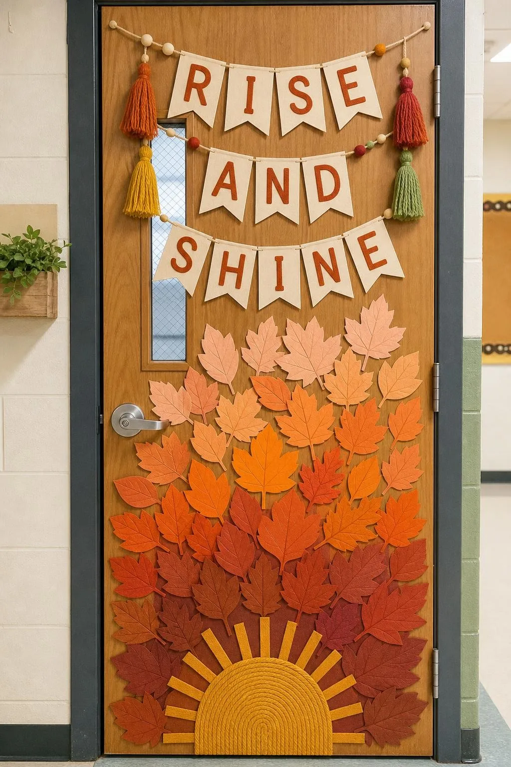 Radiant Harvest Sunrise With Gradient Leaves: fall classroom door decoration