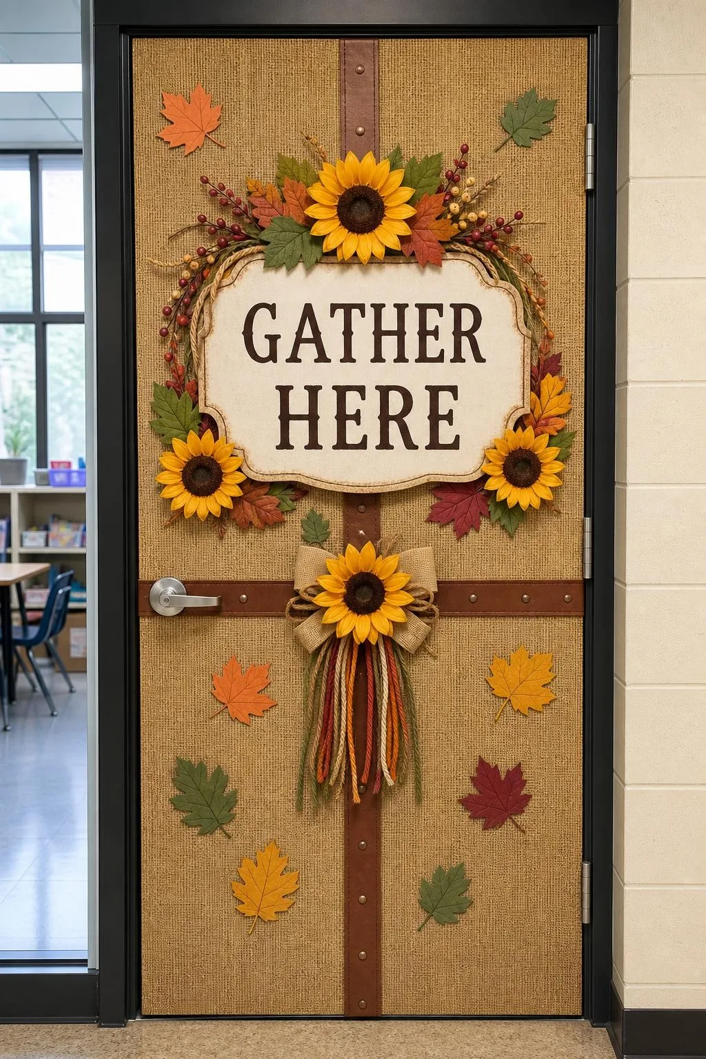 Rustic Burlap Door With Leather Accents: fall classroom door decoration