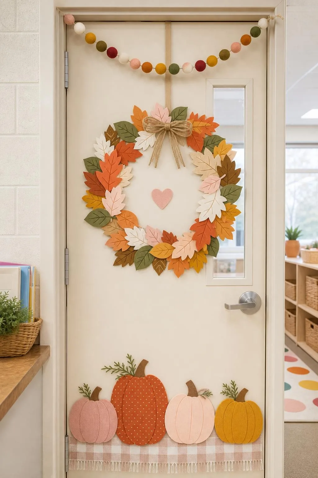 Scandinavian Cozy Door With Soft Neutrals: fall classroom door decoration