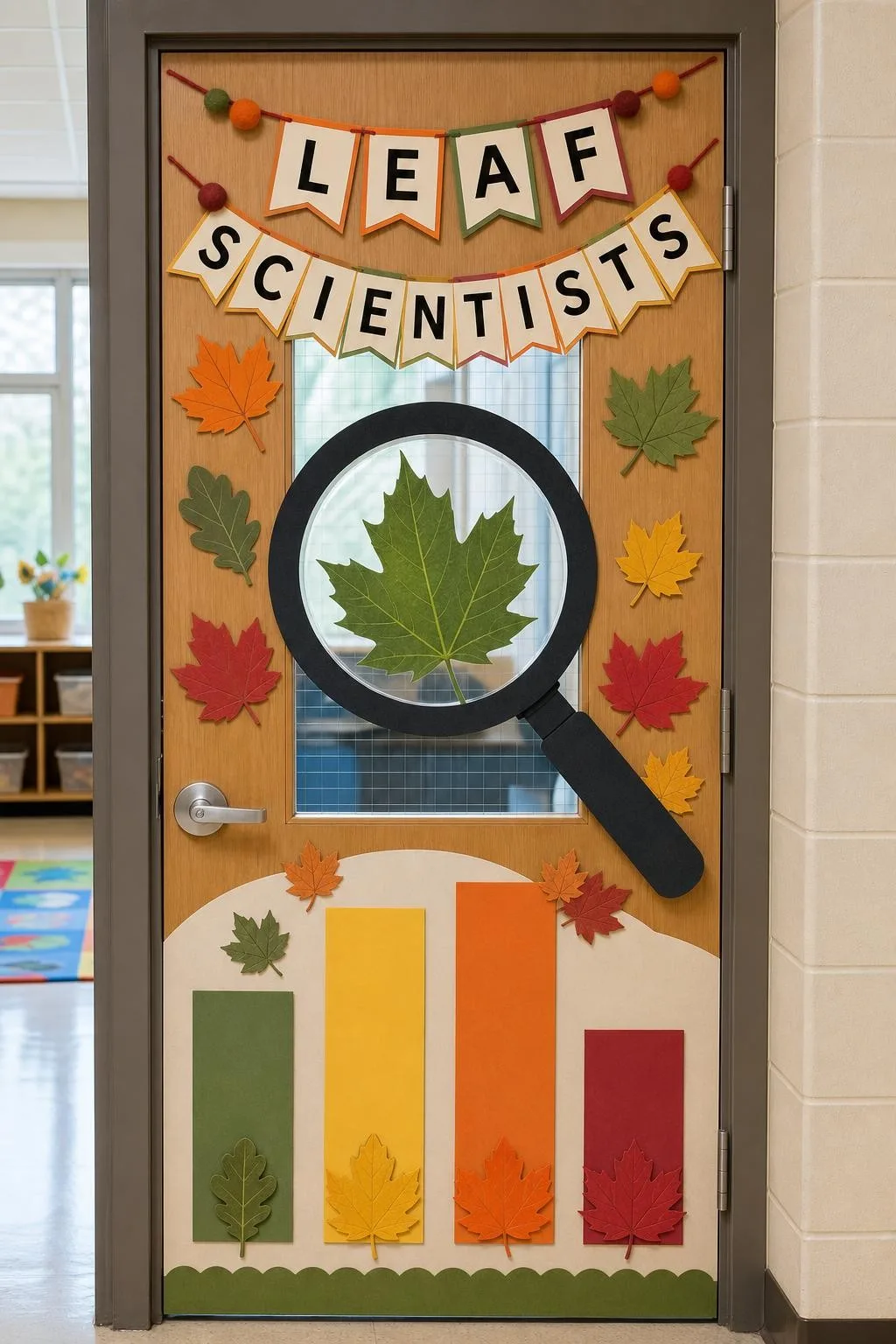 Science-Themed Microscape Door With Graphs: fall classroom door decoration