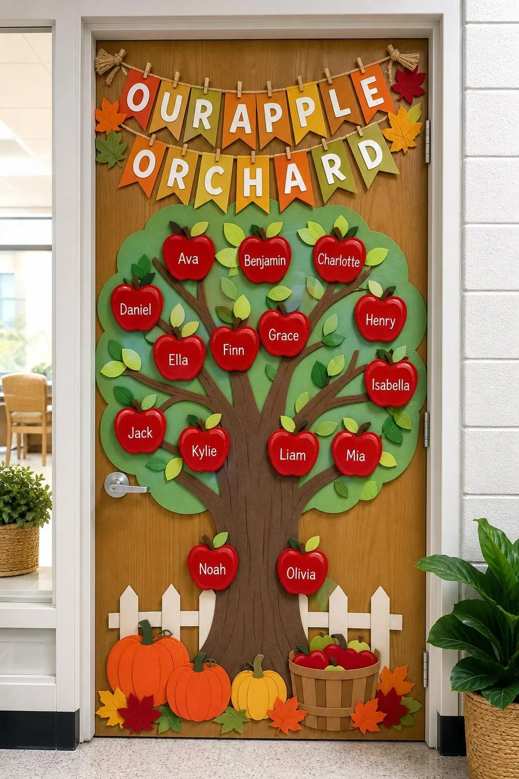 Sunlit Orchard Door With Apple Motifs: fall classroom door decoration