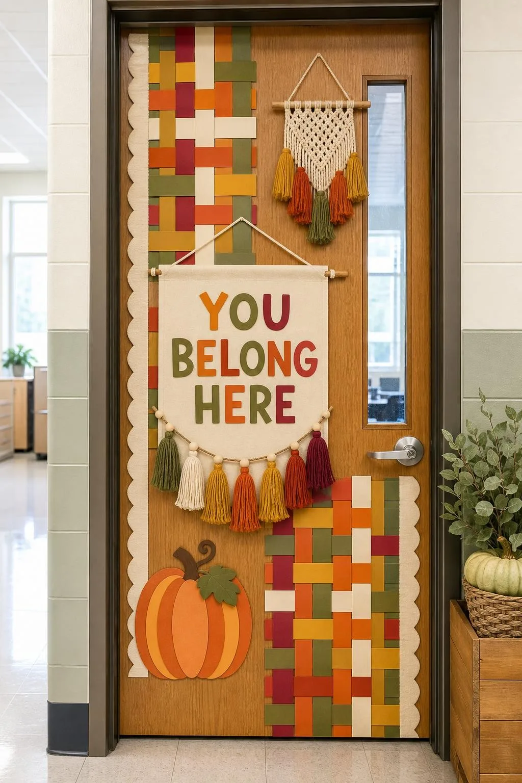Textured Door With Woven Wall Hangings: fall classroom door decoration
