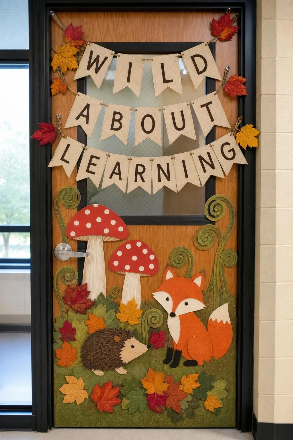 Whimsical Woodland Door With Paper Toadstools: fall classroom door decoration