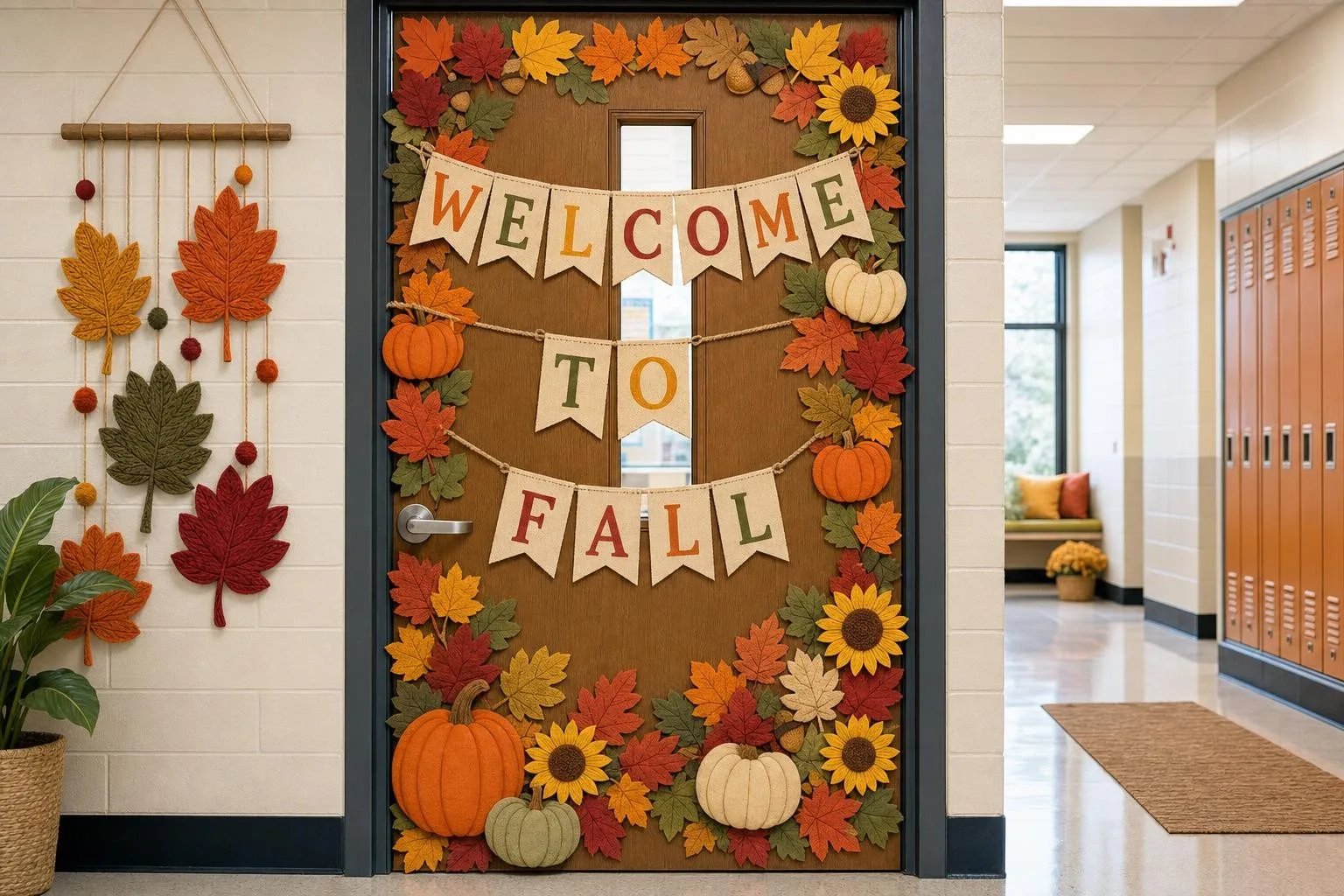 Classroom door decorated for fall with paper leaves, pumpkins, sunflowers and a WELCOME TO FALL banner