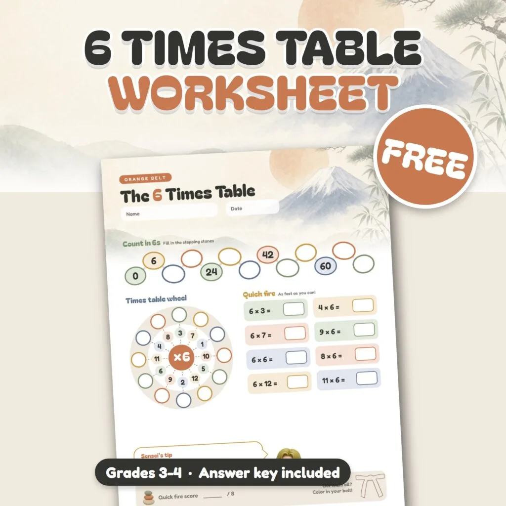 Free 6 times table worksheet with a times table wheel and quick fire facts
