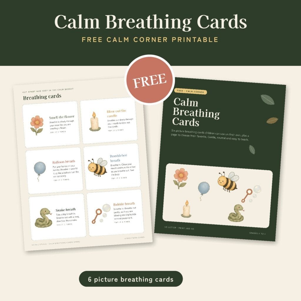 Free calm breathing cards printable for a classroom calm down corner