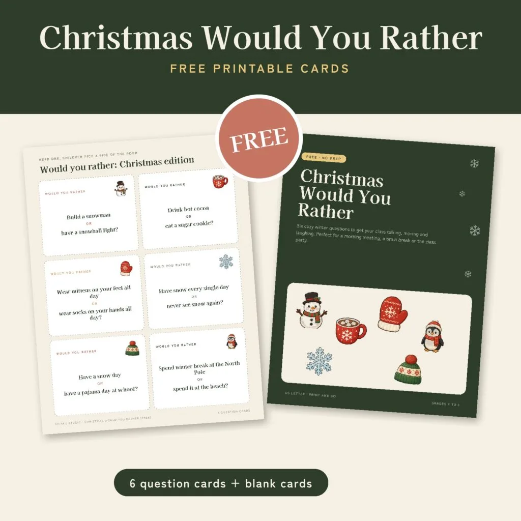 Free Christmas would you rather cards for the classroom with winter icons