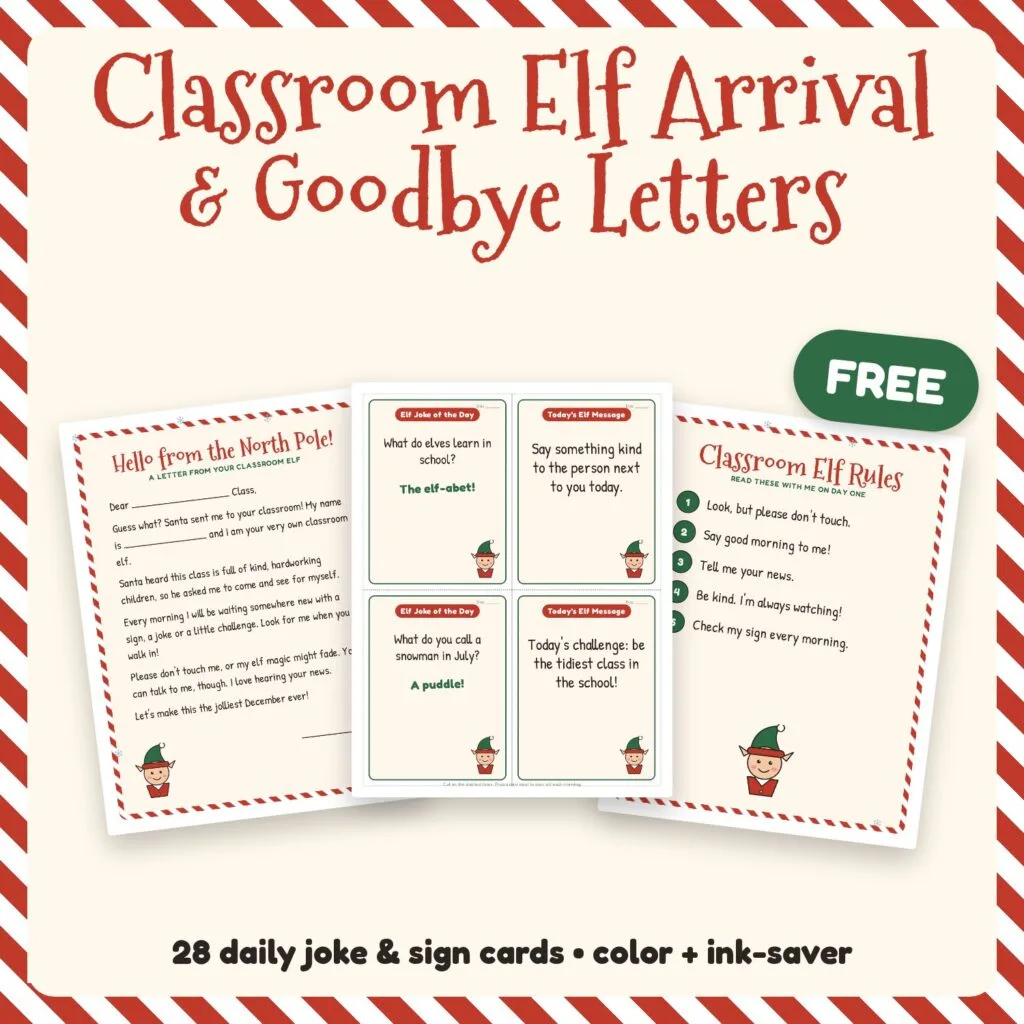 Free classroom elf arrival and goodbye letters with daily joke cards