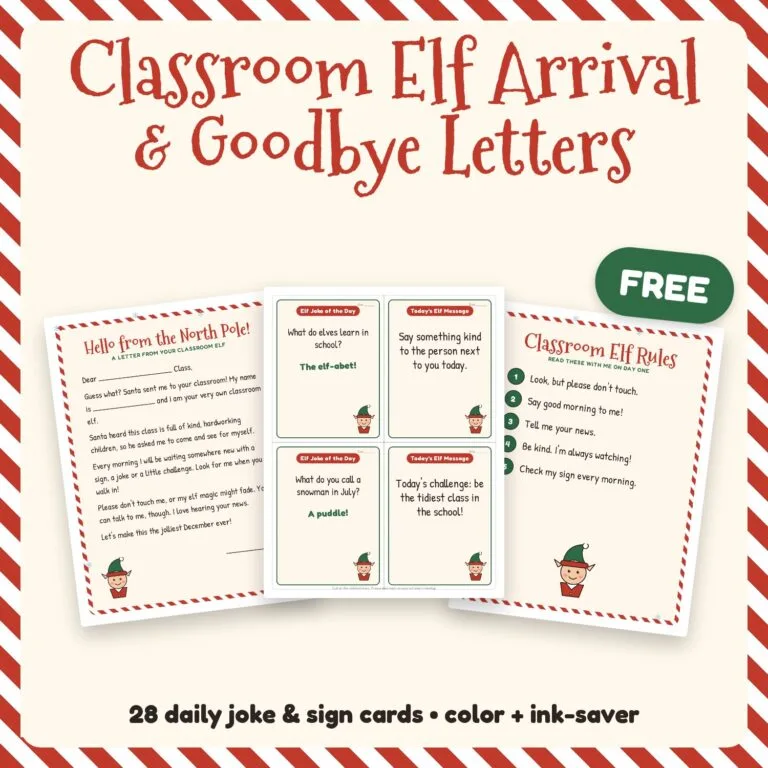 Free classroom elf arrival and goodbye letters with daily joke cards