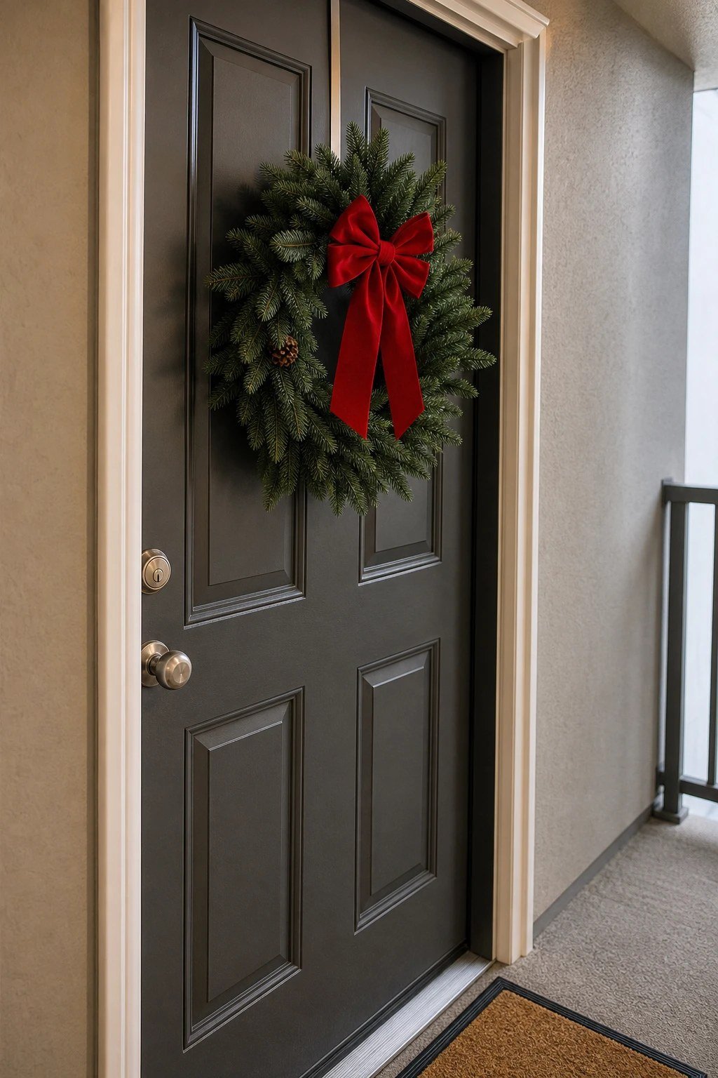 Front door Christmas decoration idea: a slim wreath and bow on an apartment door