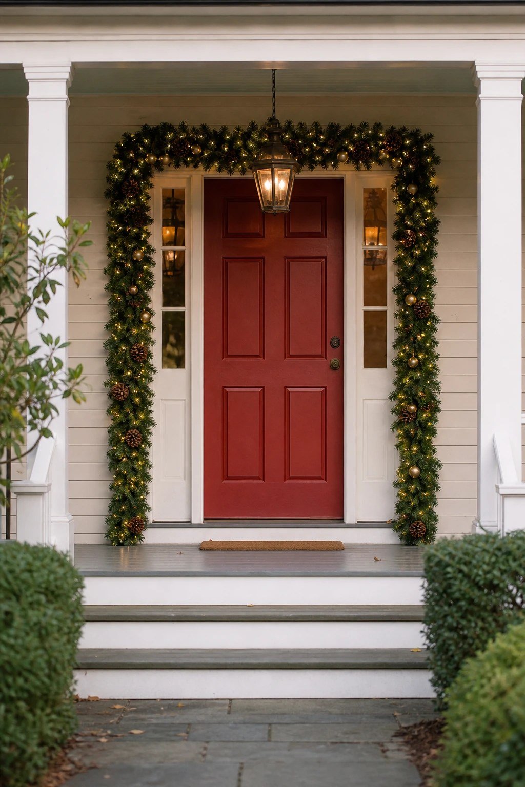 Front door Christmas decoration idea: a garland arch around the frame