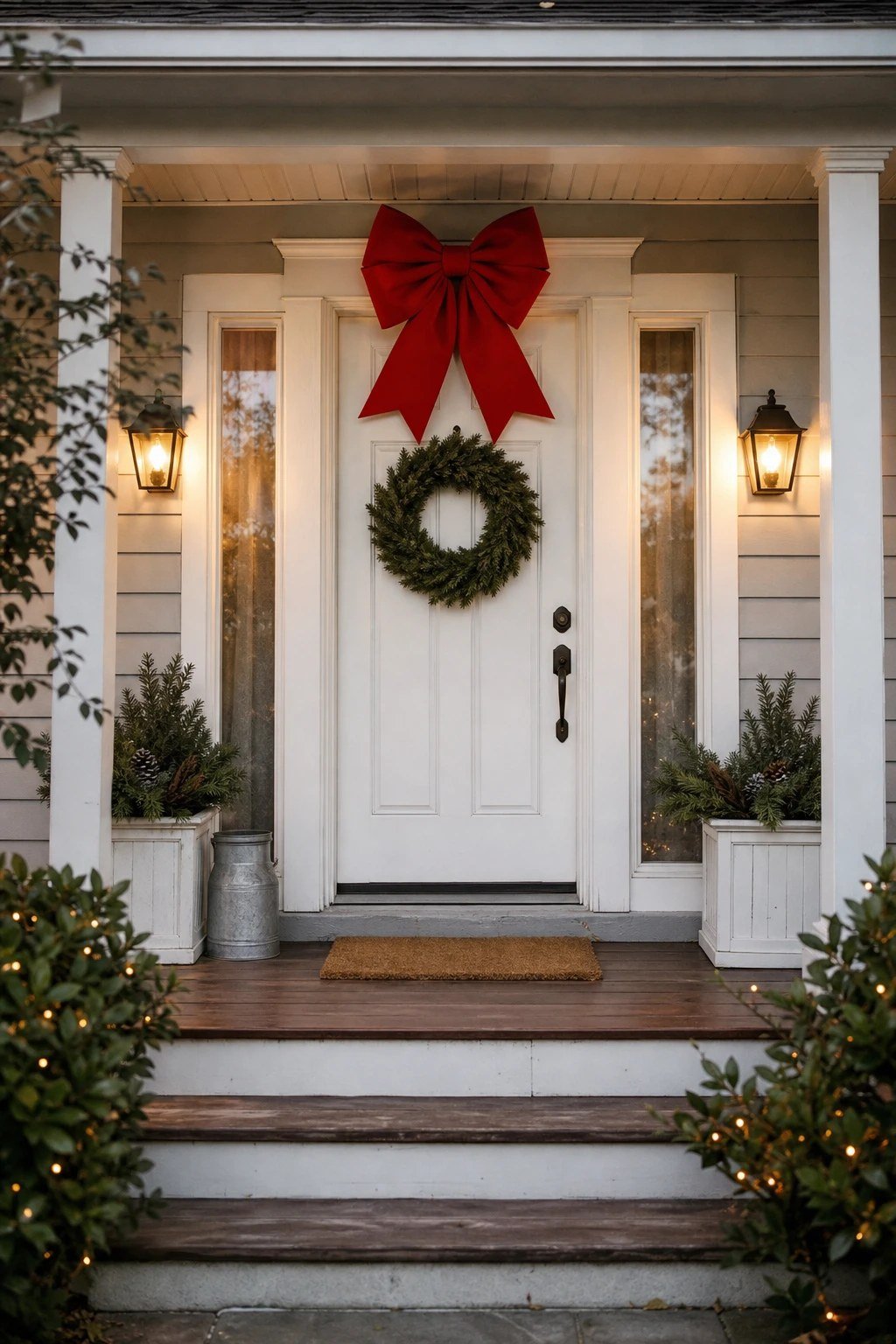 Front door Christmas decoration idea: a giant bow above the door