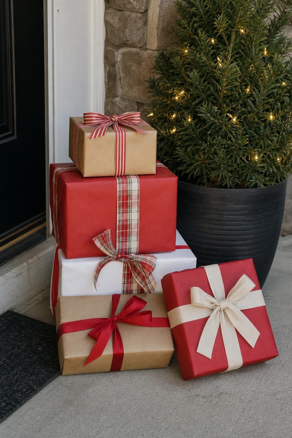 Front door Christmas decoration idea: a stack of wrapped boxes