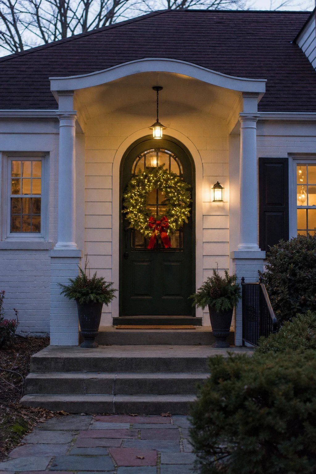 Front door Christmas decoration idea: a classic pre-lit evergreen wreath