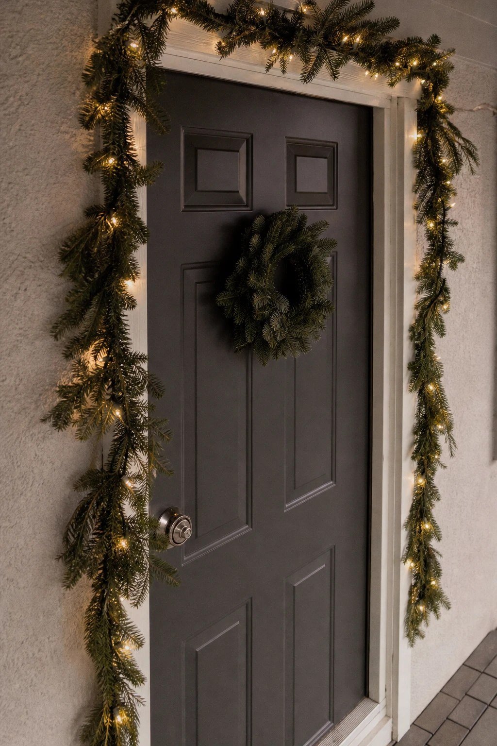 Front door Christmas decoration idea: garland on removable hooks