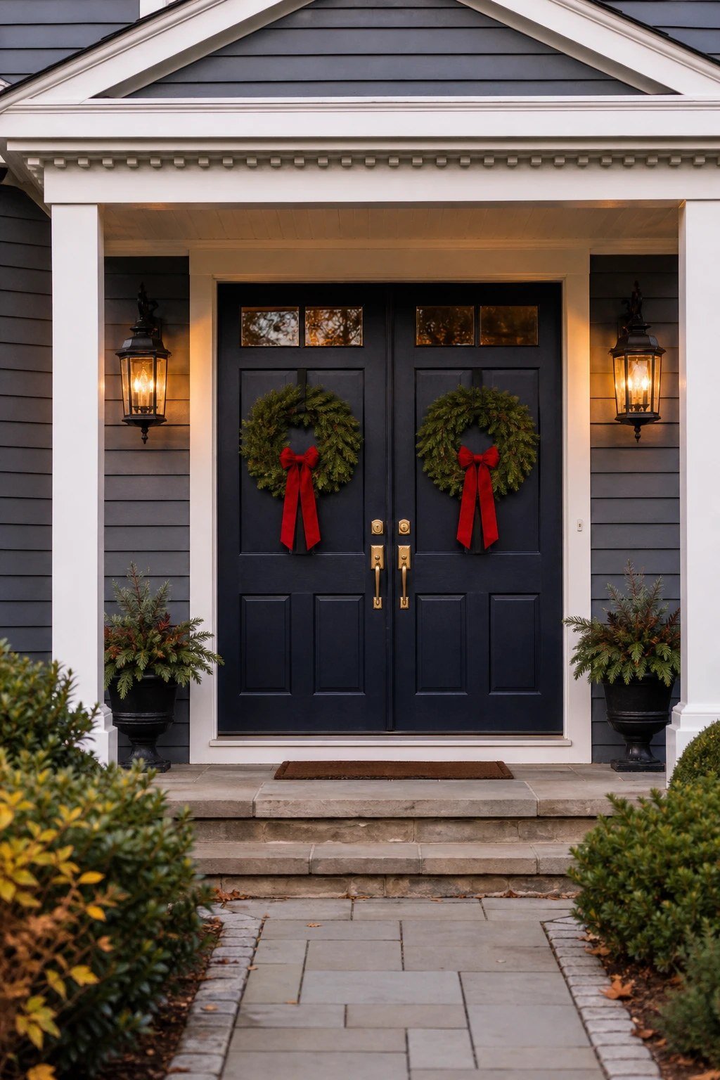 Front door Christmas decoration idea: matching wreaths on double doors