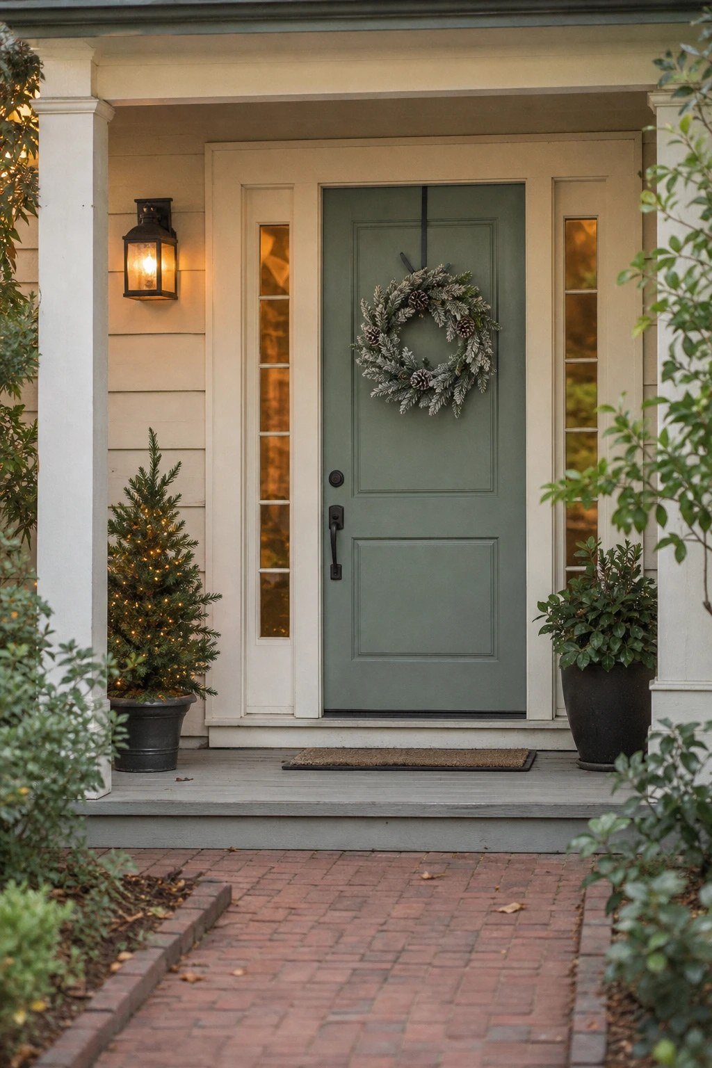 Front door Christmas decoration idea: a wreath on a slim over-the-door hanger