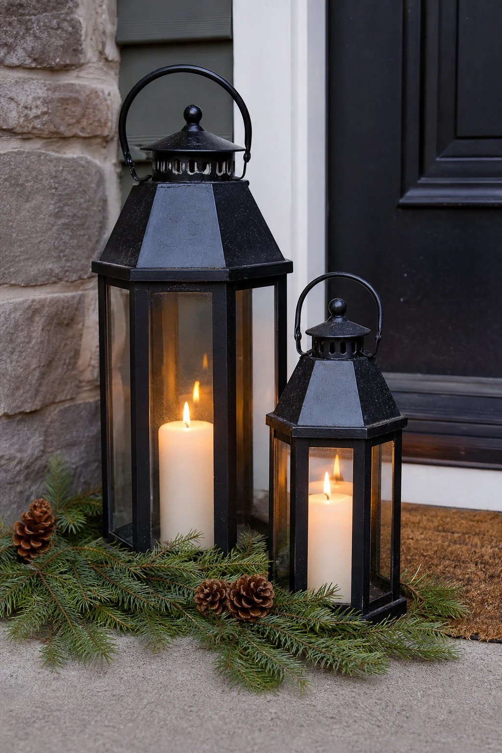 Front door Christmas decoration idea: lanterns with flameless candles