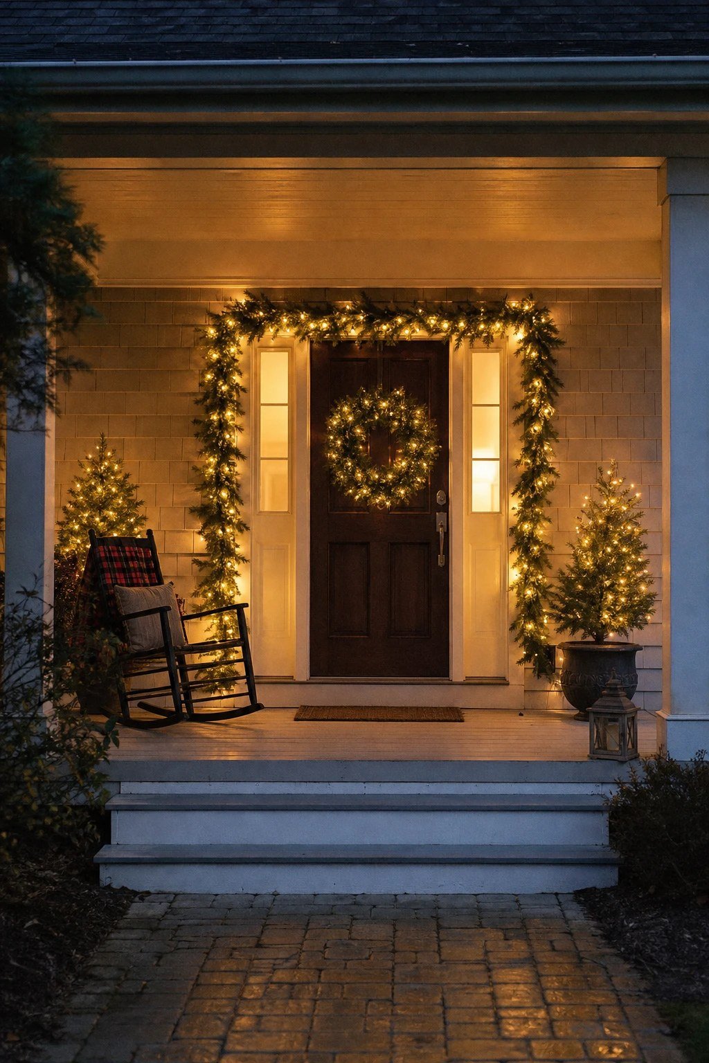 Front door Christmas decoration idea: battery lights woven through greenery