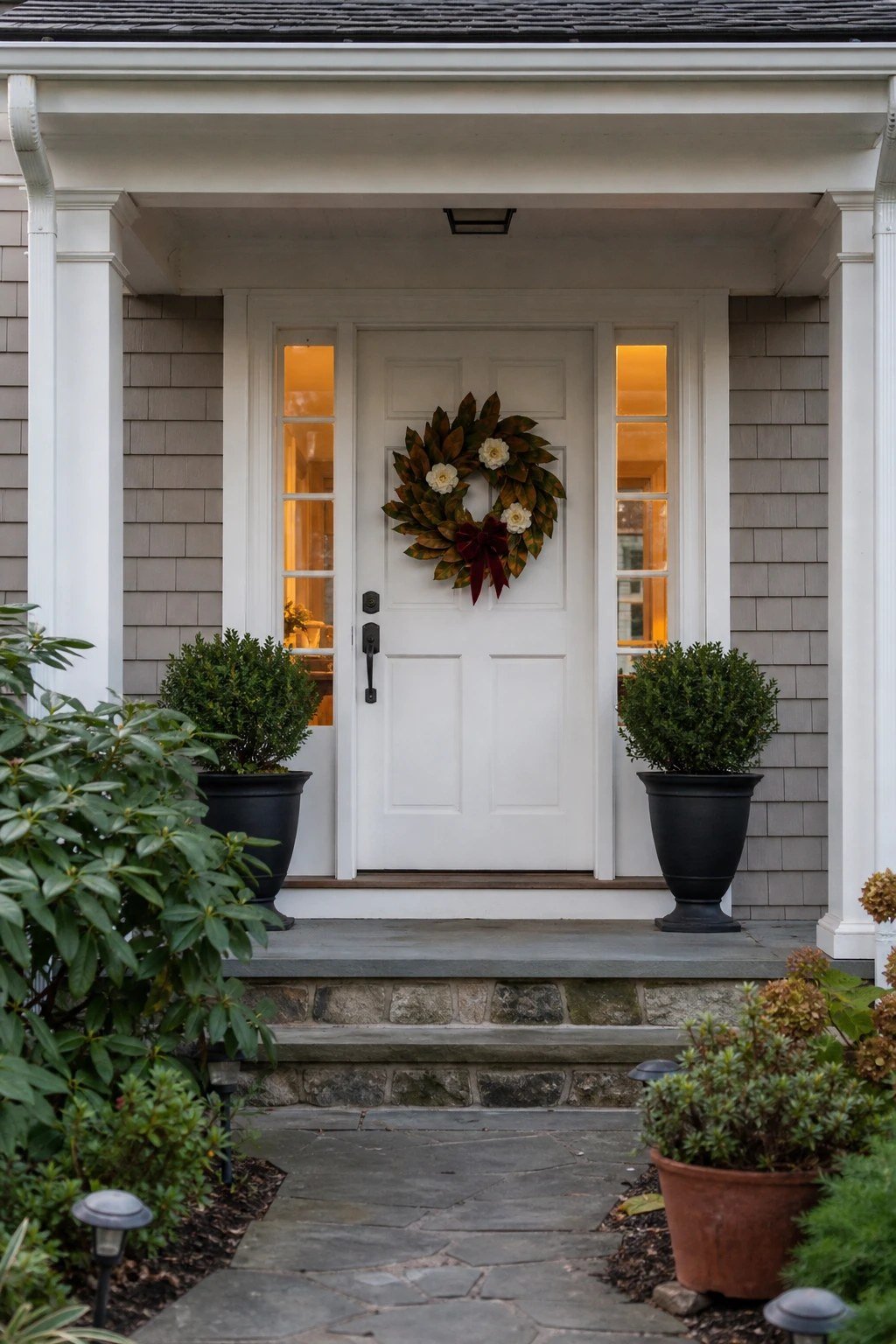 Front door Christmas decoration idea: a magnolia leaf wreath