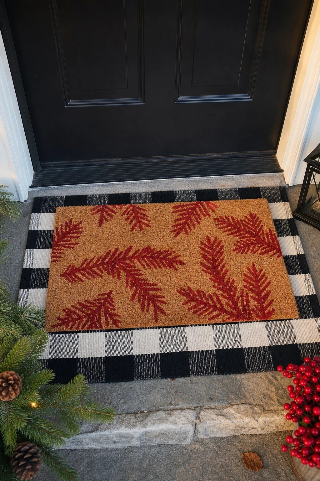Front door Christmas decoration idea: layered doormats