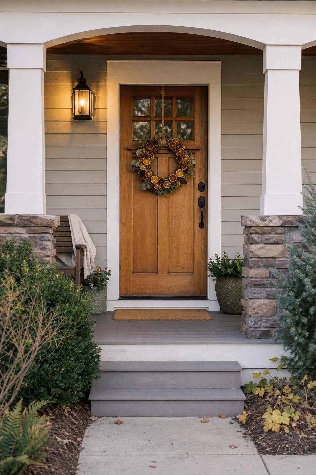 Front door Christmas decoration idea: a dried orange and cinnamon wreath
