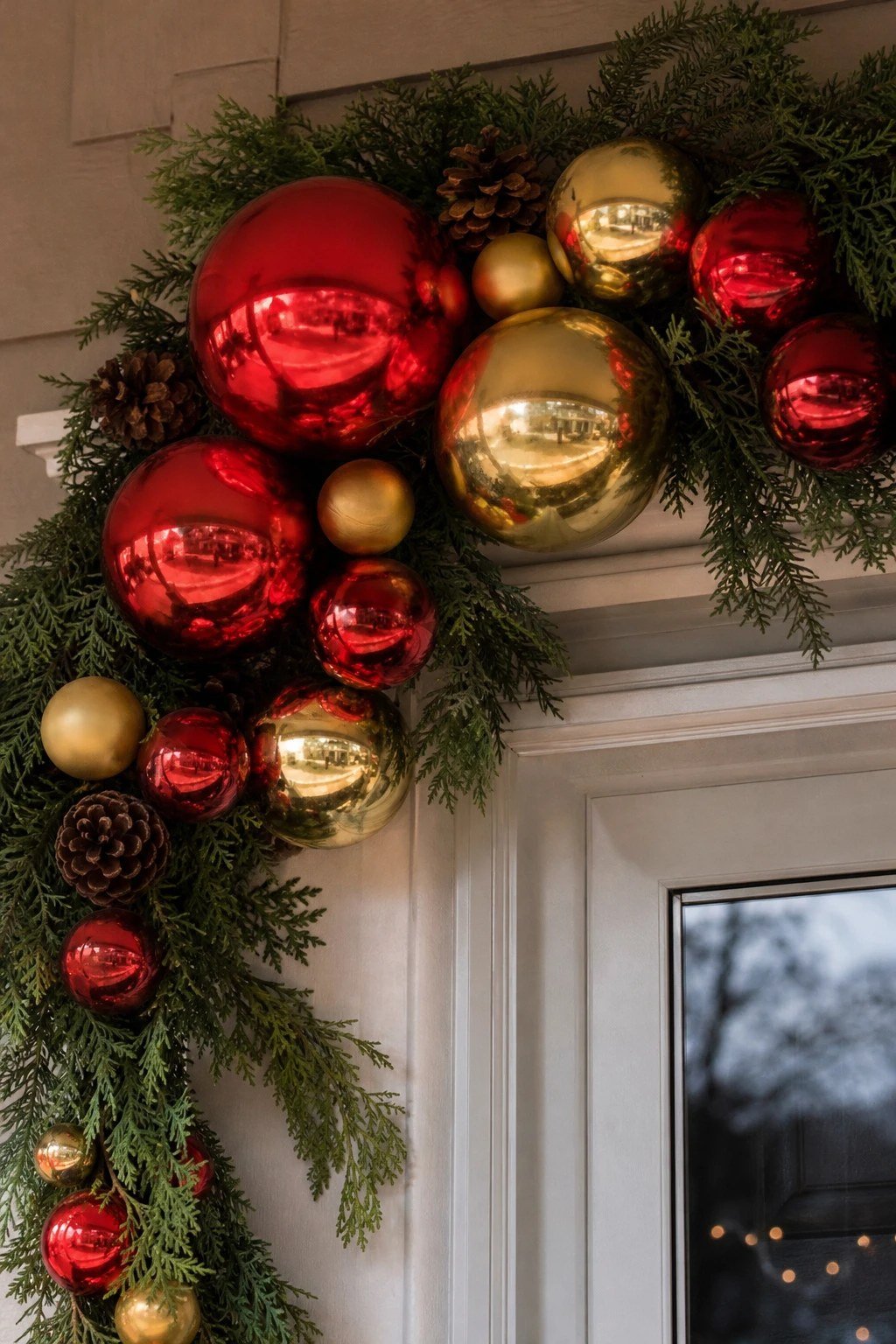 Front door Christmas decoration idea: a cluster of oversized ornaments