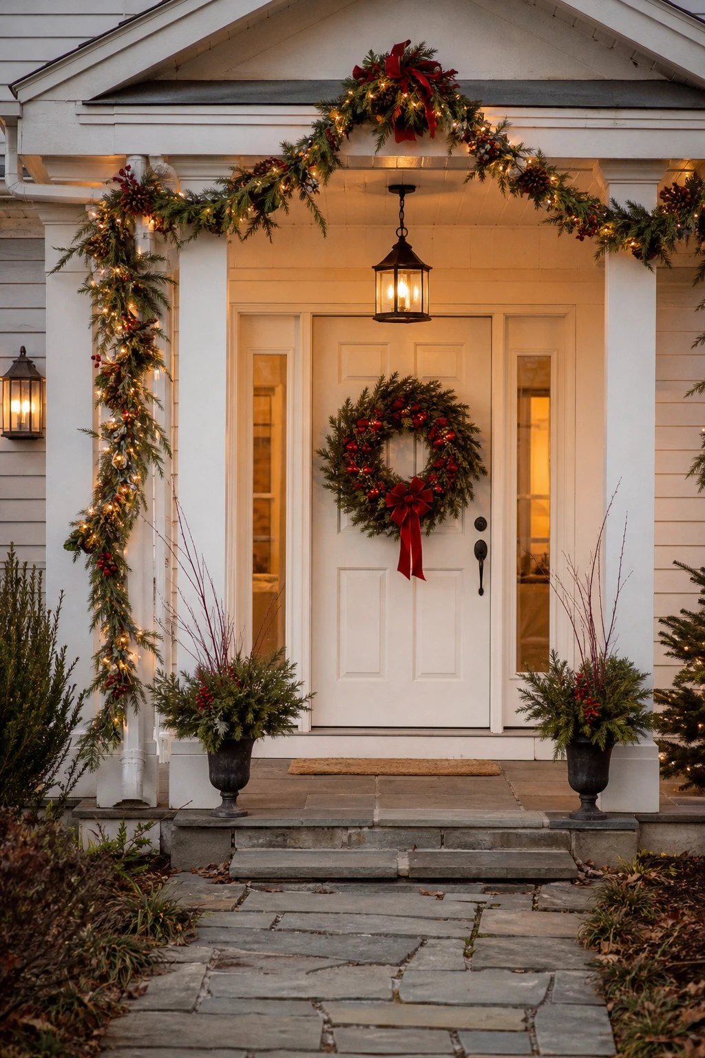 Front door Christmas decoration idea: classic red and green