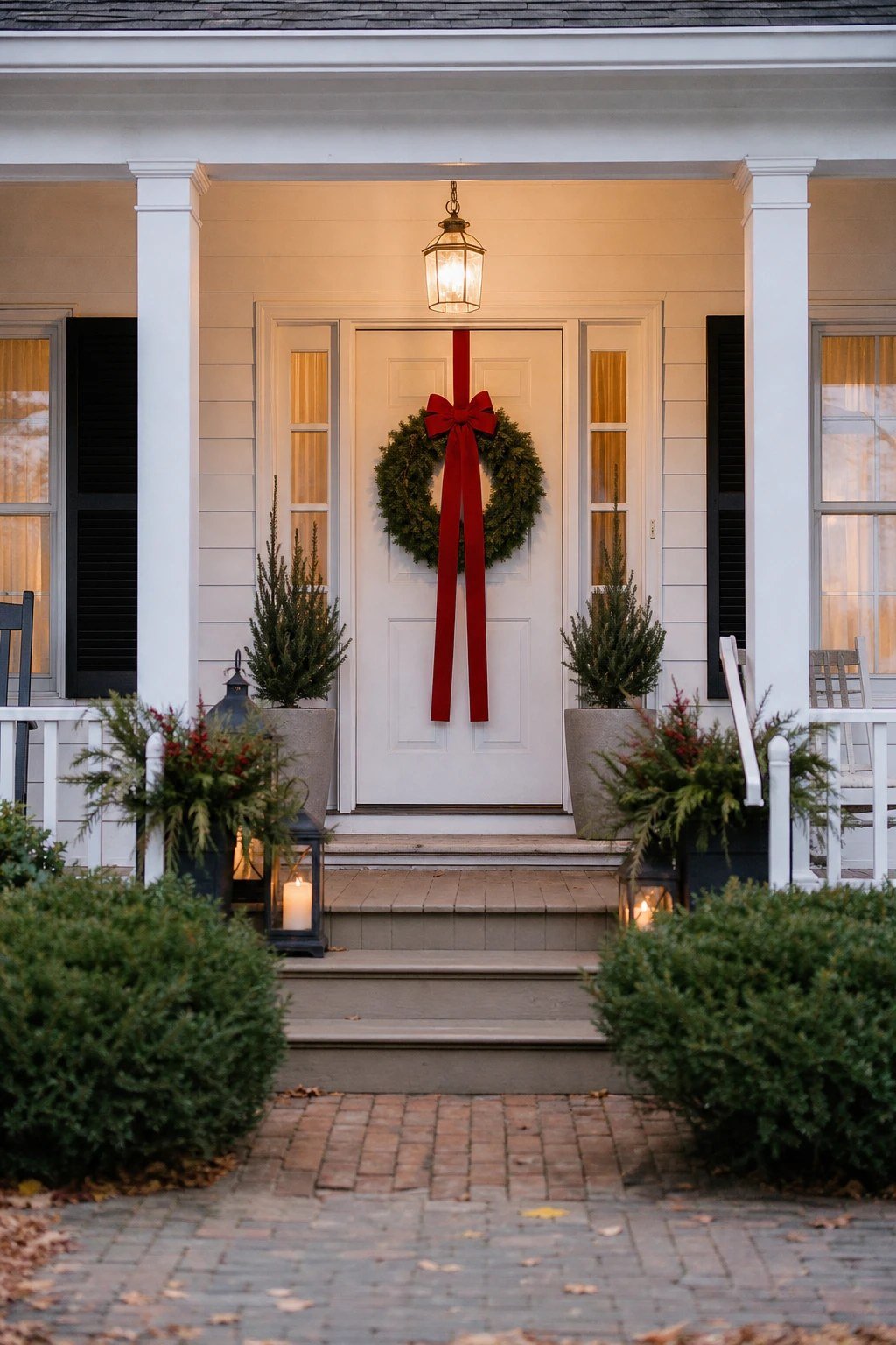 Front door Christmas decoration idea: a wreath with long velvet ribbon tails