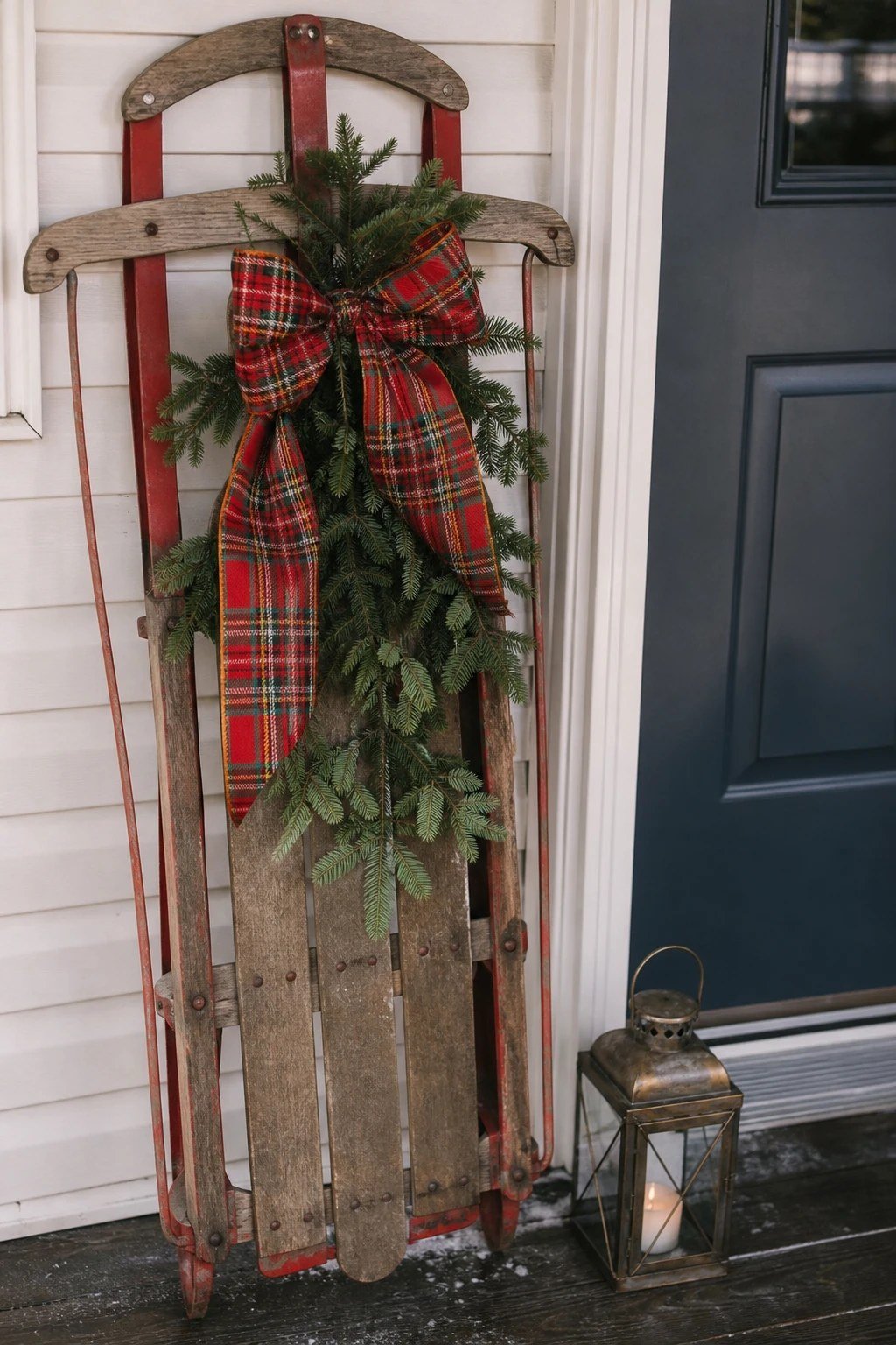 Front door Christmas decoration idea: a vintage sled by the door