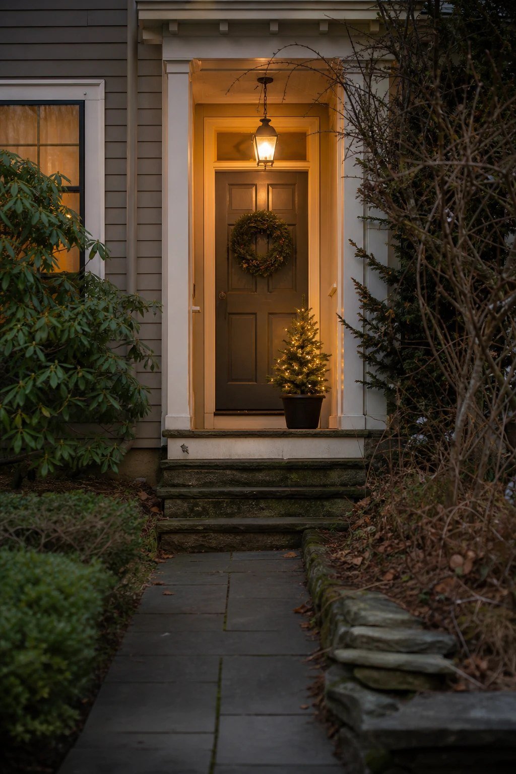 Front door Christmas decoration idea: a narrow step with one potted tree