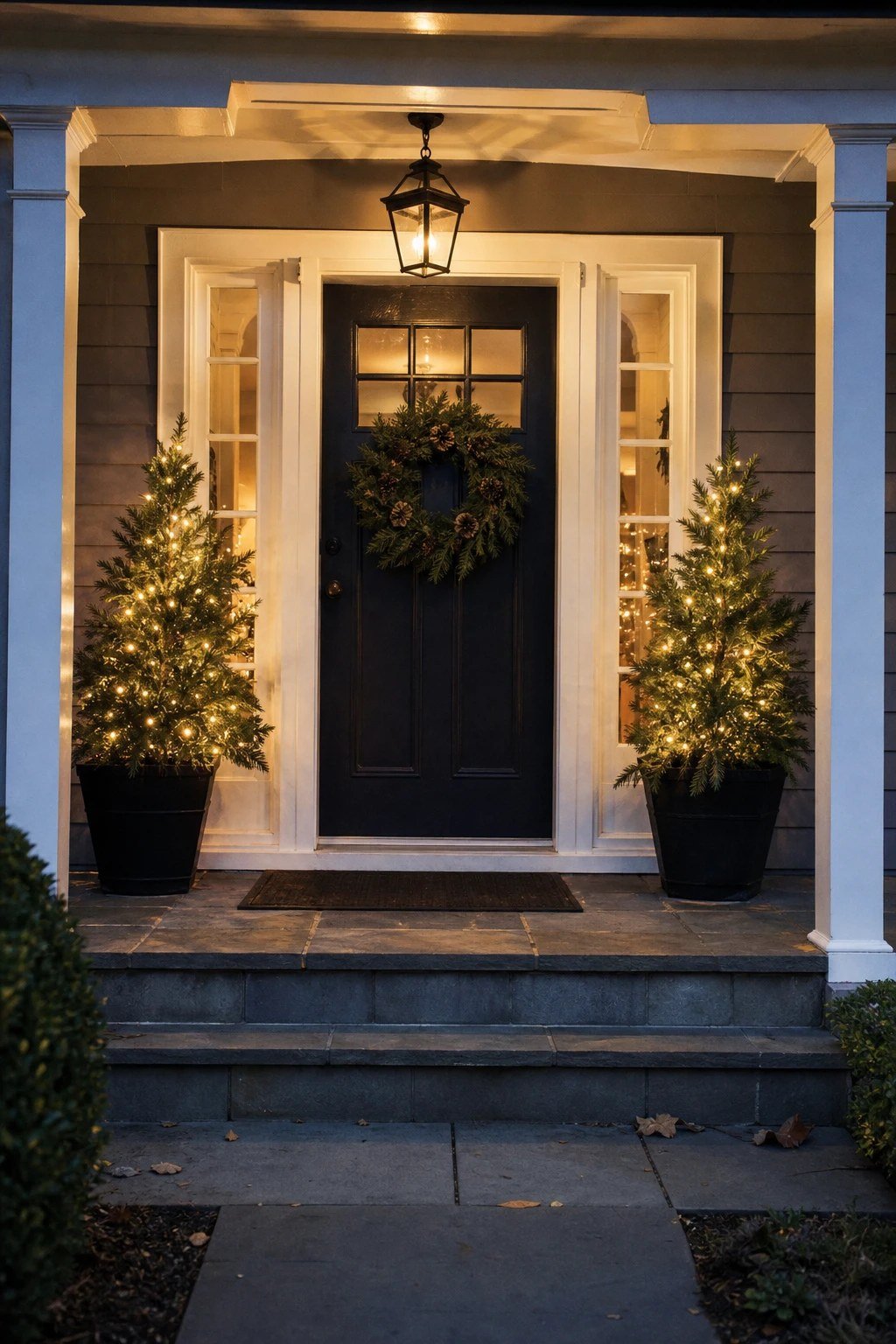 Front door Christmas decoration idea: a pair of porch trees in urns