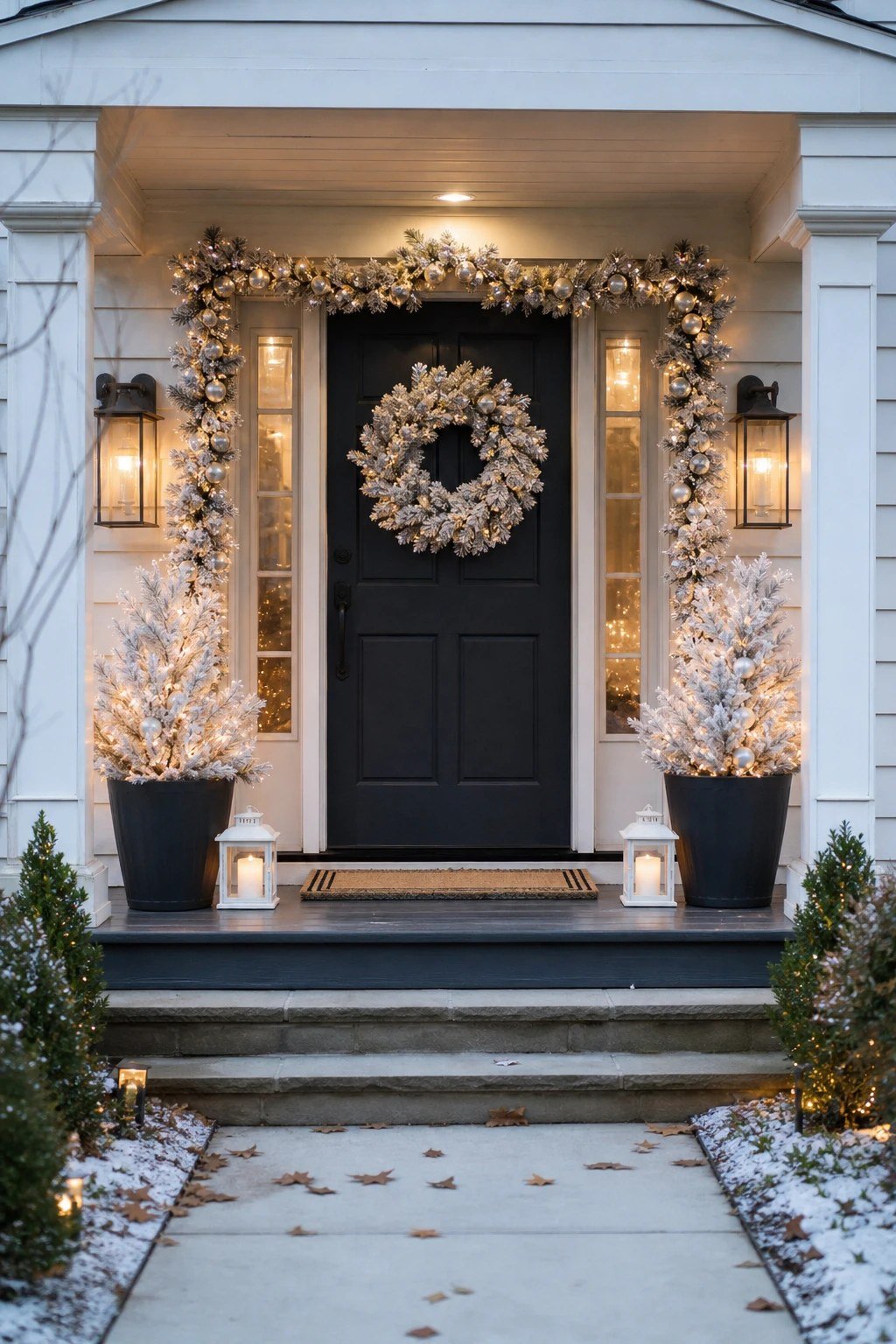 Front door Christmas decoration idea: all white winter