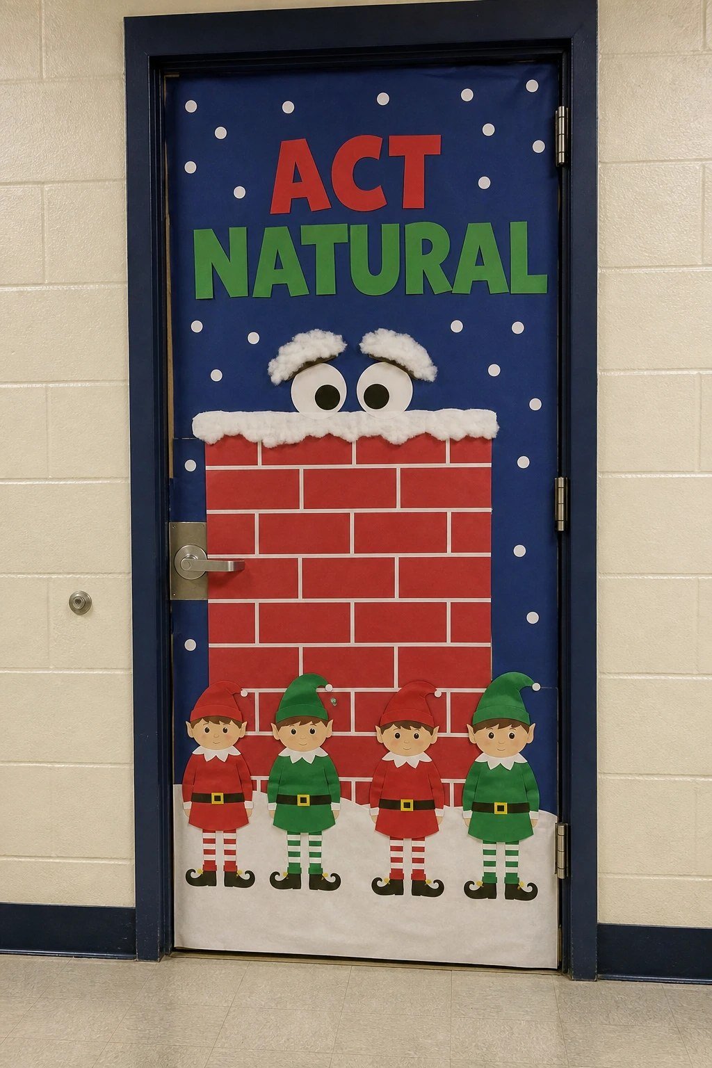 A classroom door with eyes peeking from a paper chimney